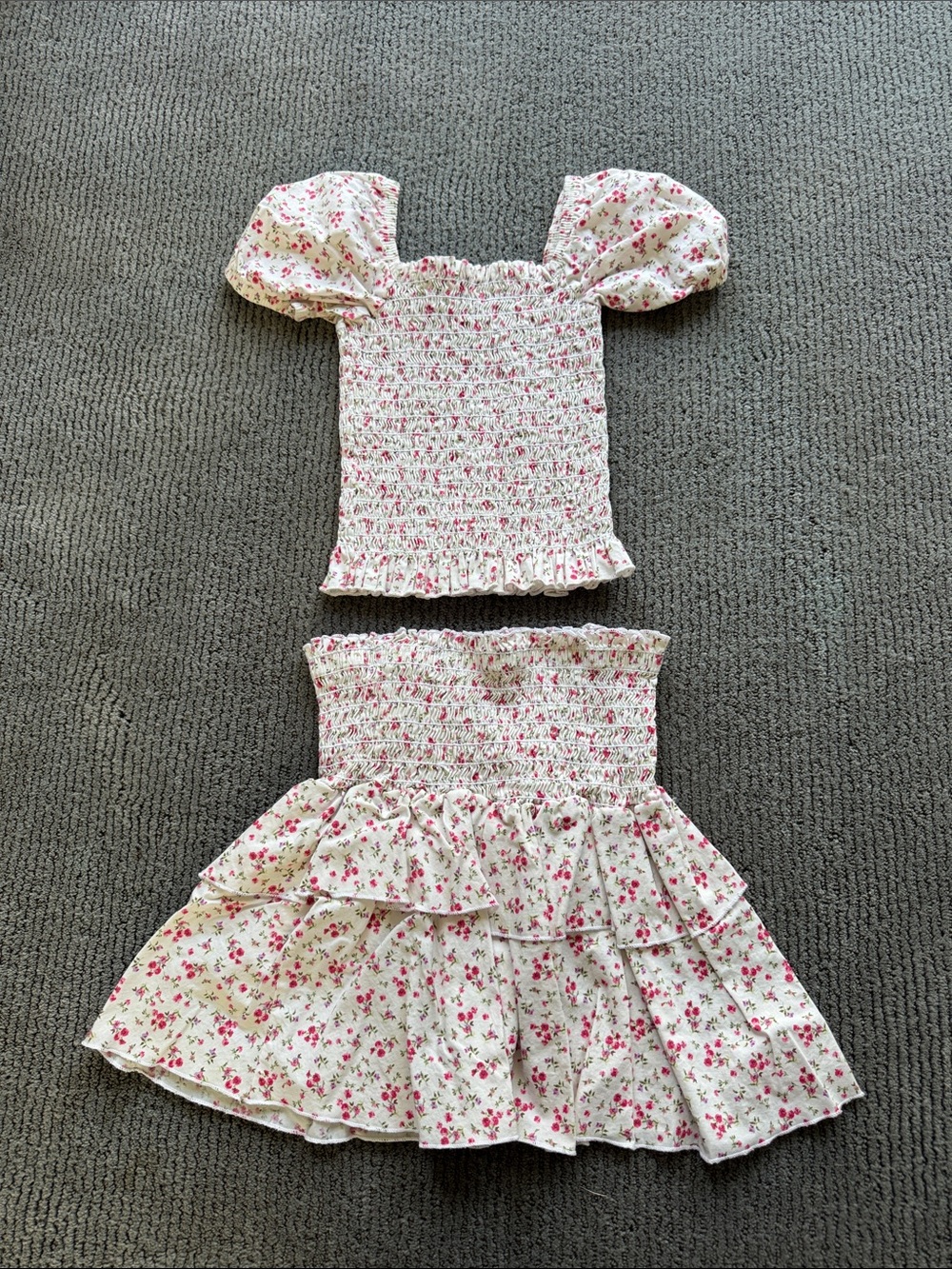 Girls Cream and Pink Floral Smocked Matching Set - Brand